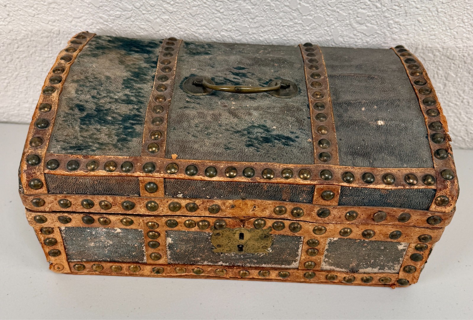 Antique Dome Top Leather Hide Studded Document Box 19th C. American Primitive