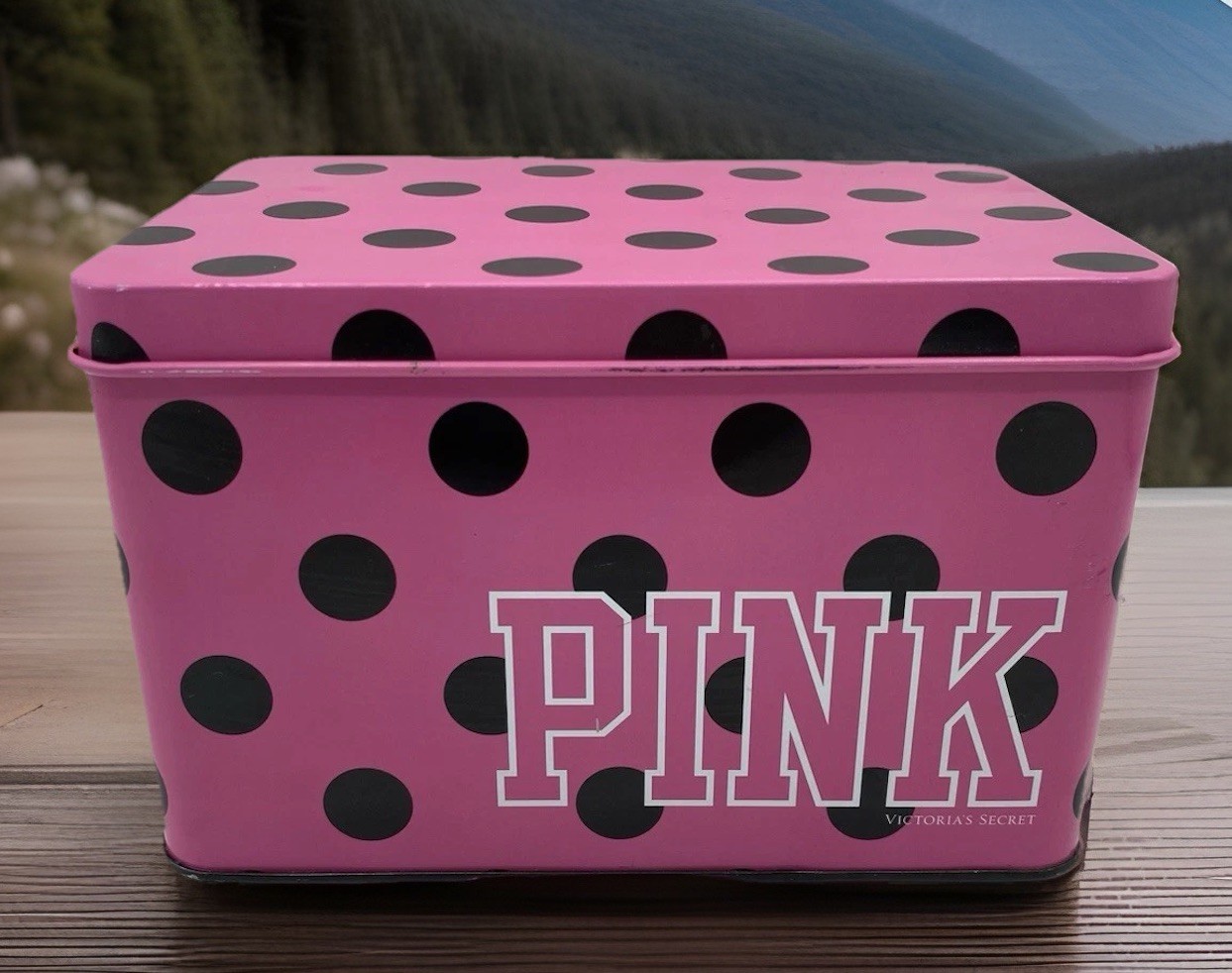 Victorias Secret Y2K PINK Polka Dot Tin Metal Box Vintage Collectible HTF Vanity