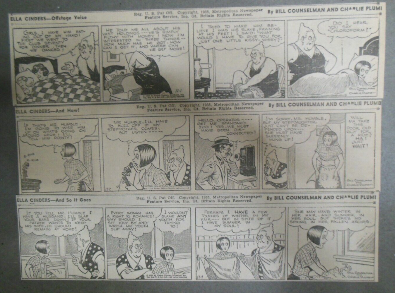 (50) Ella Cinders Dailies by Charles Plumb from 11-12/1935 Size: 3 x 10 inches