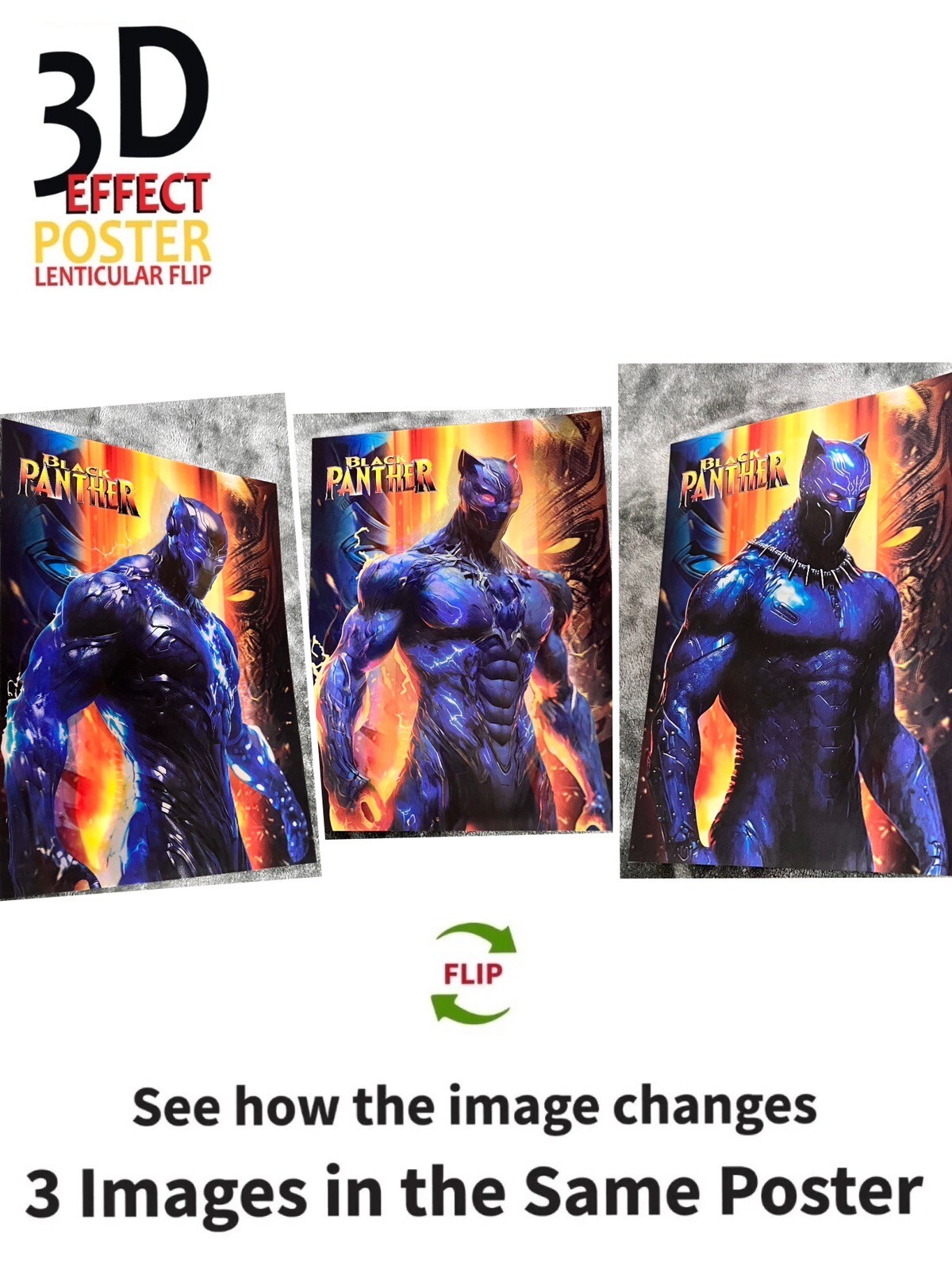 Marvel,Black Panther,Poster 3D Effect, 3 images in one, 3D Lenticular Effect.