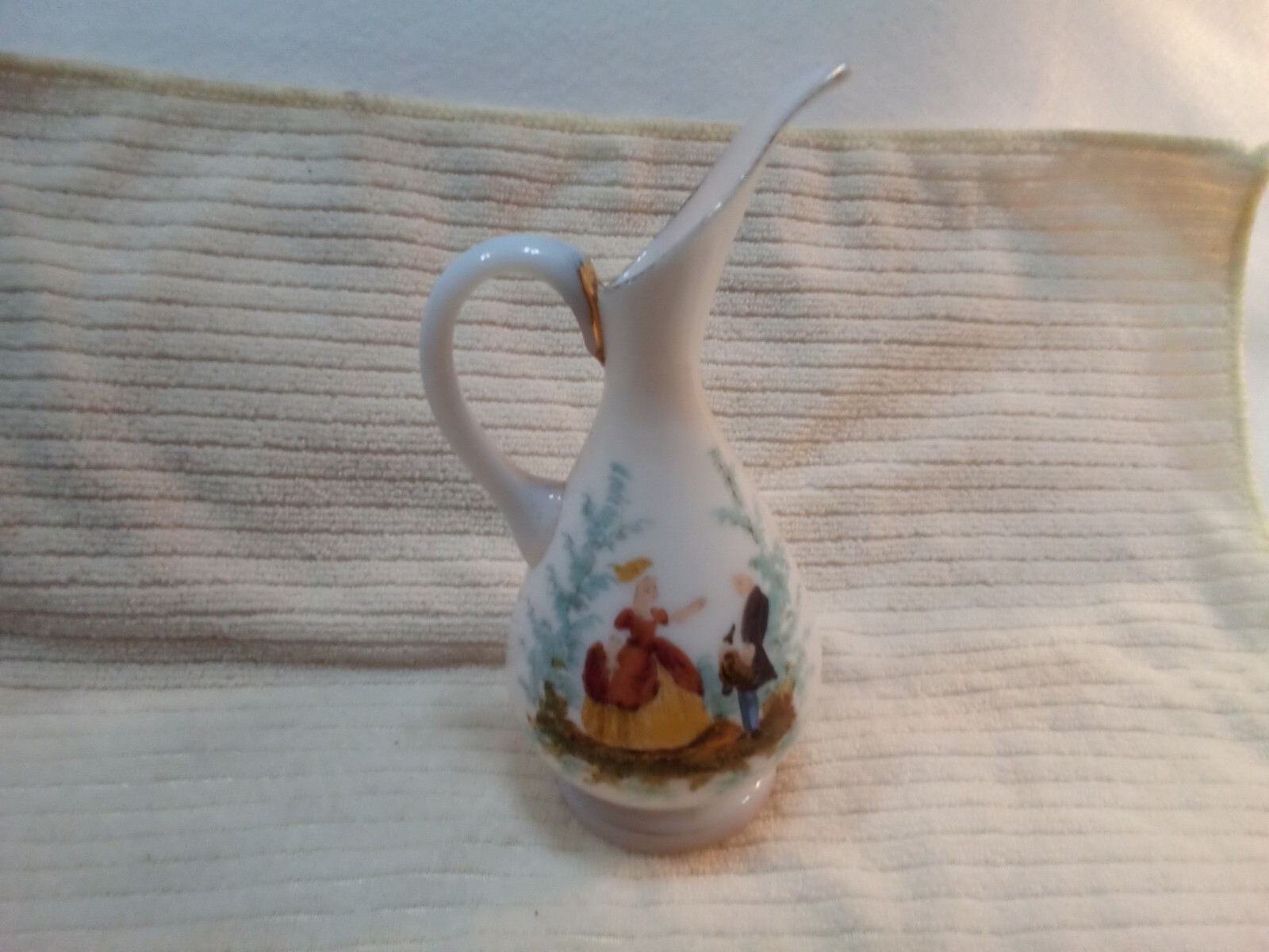 Colonial Cream Milk Pitcher Hand Painted Man & Woman Vintage