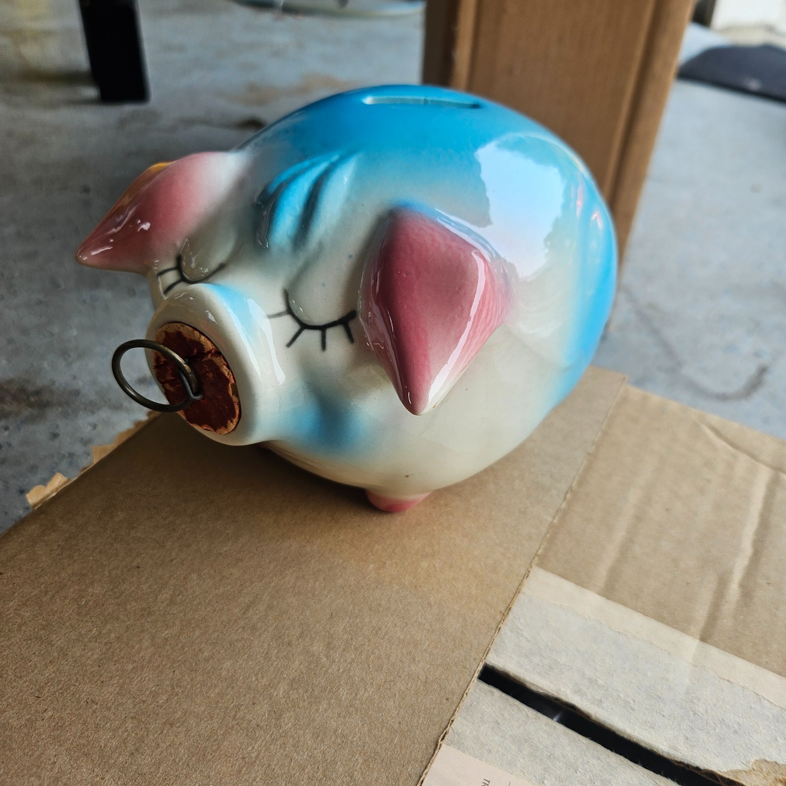 1957 HULL Pottery Corky Pig Bank Blue Pink White Ceramic Made in USA