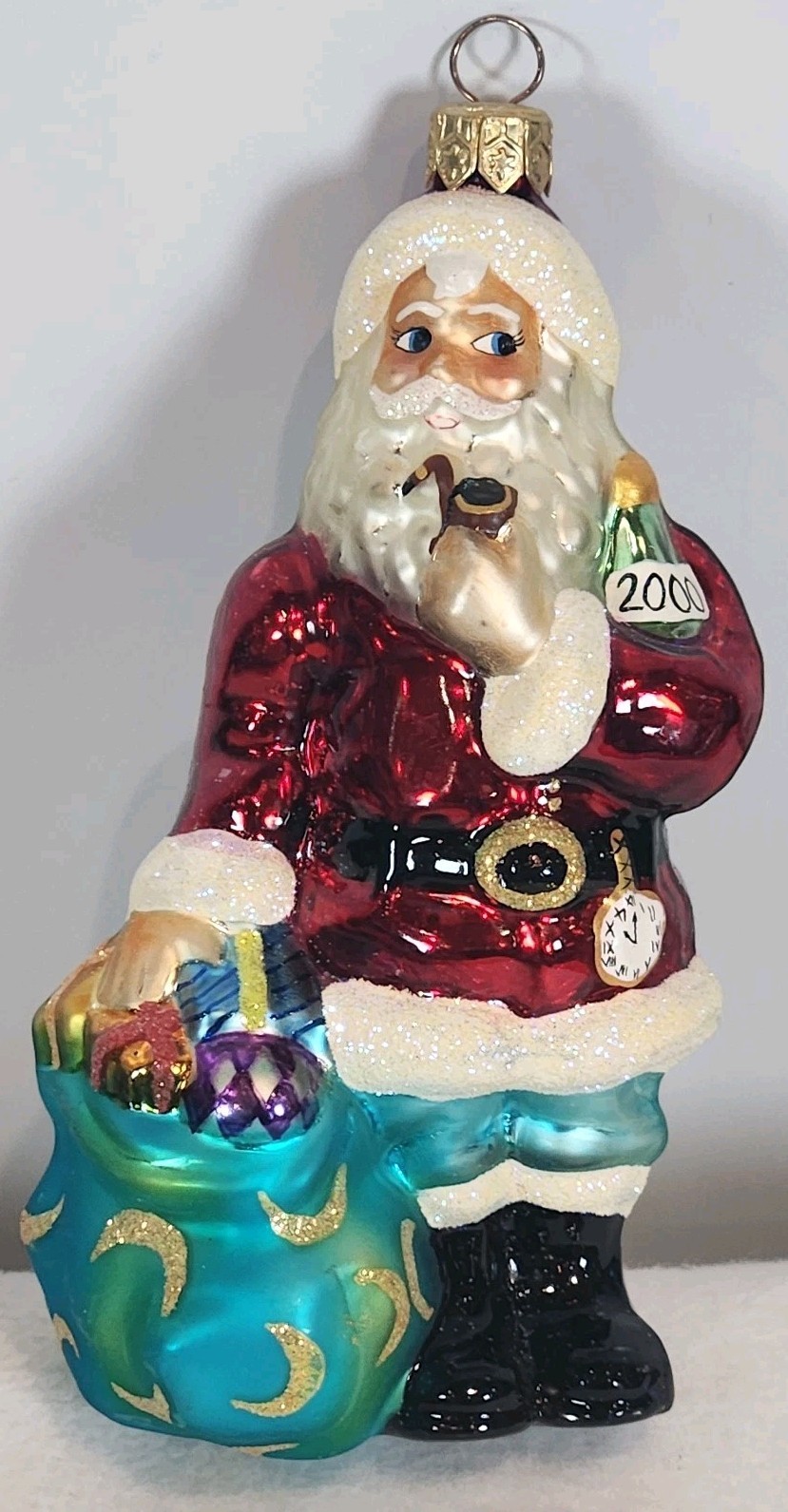 2000 Christopher Radko “No Time Like the Present” Ornament Santa w Pipe Bag 6″H