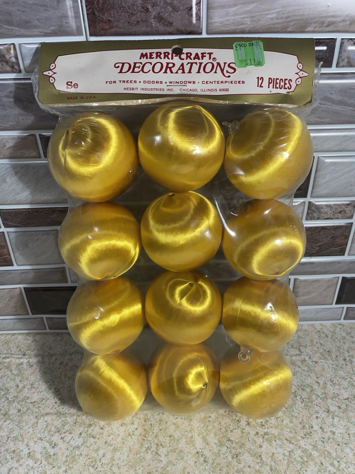 12 Vintage Satin Christmas Ornaments Gold 2″ Merri-Craft USA New