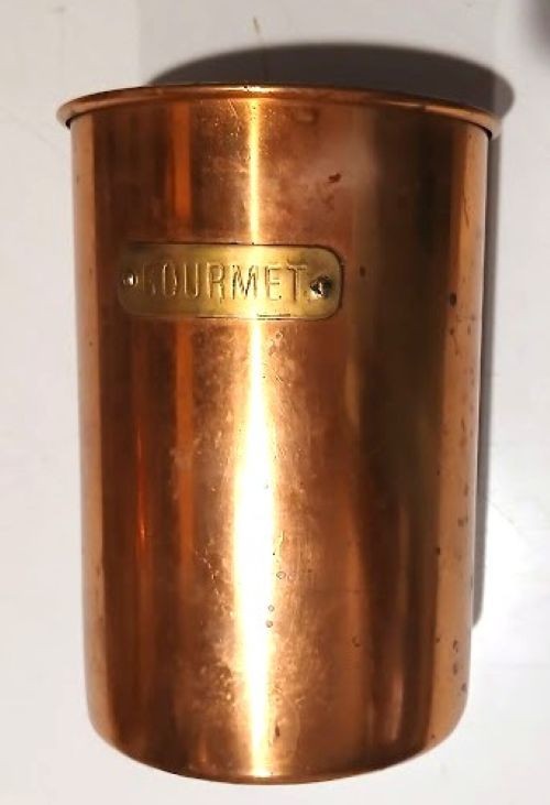 Vintage Solid-copper, Cylindrical Container labeled “Gourmet”, 6 by 4 inches