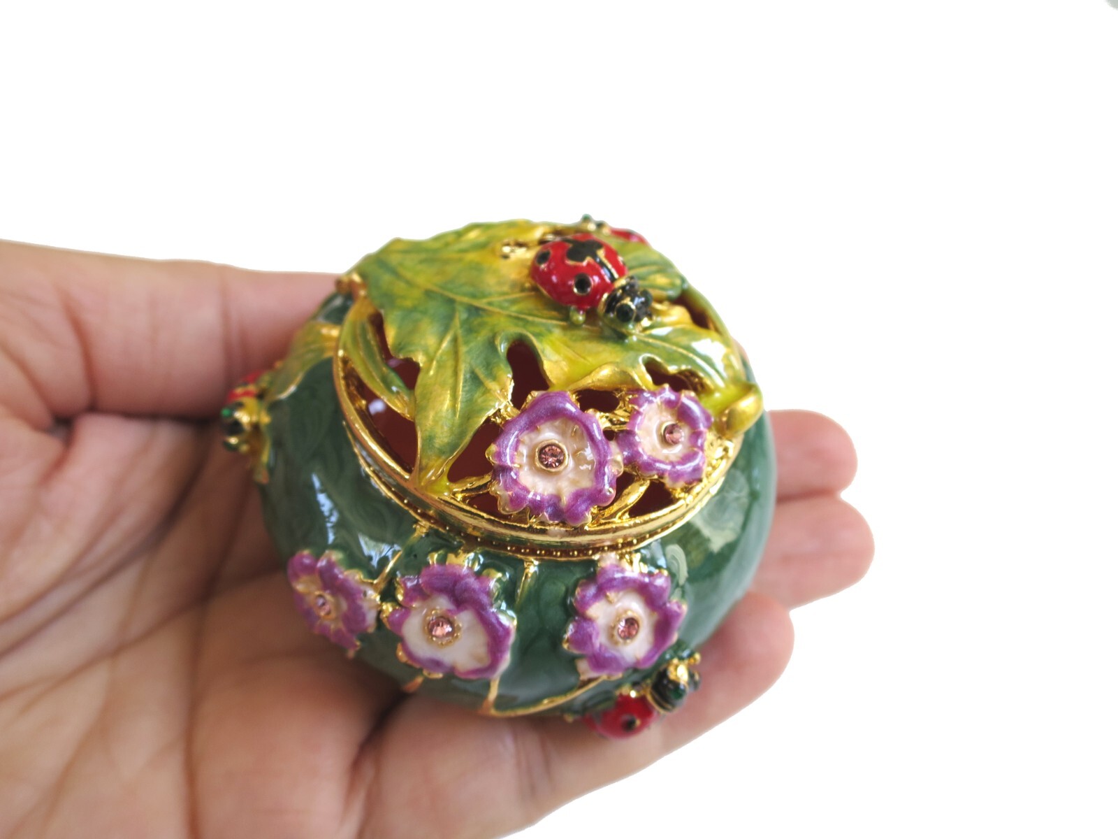 Bejeweled ladybug on leaf Hinged Metal Enameled Crystal Trinket box