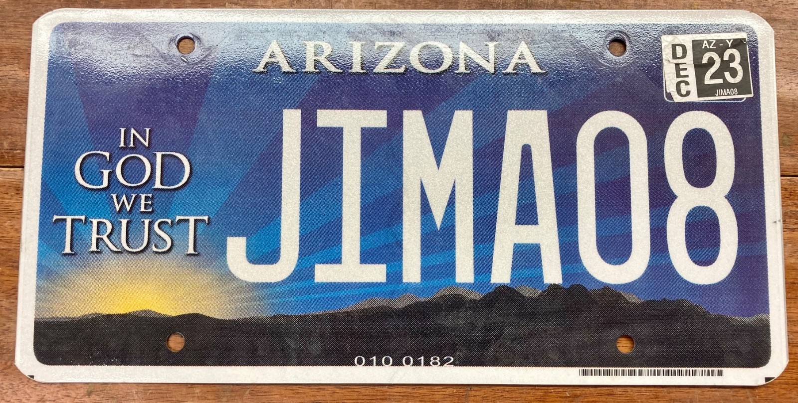 FAIRLY NICE 2020 BASE ARIZONA “IN GOD WE TRUST” VANITY LICENSE PLATE, JIM A 08