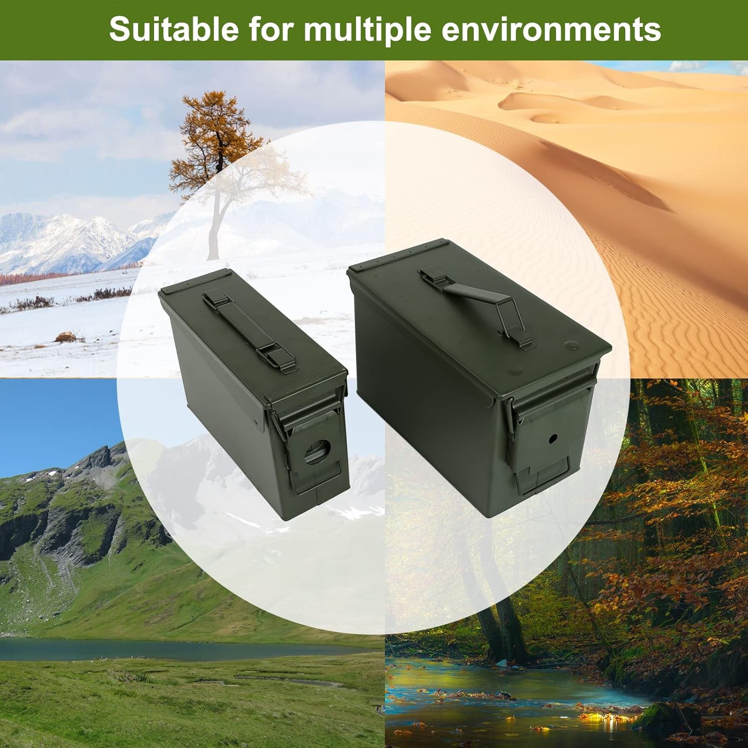 Green Metal Ammo Storage Boxes 4pcs (2)30 Cal Ammo Cans & (2)50 Cal Ammo Cans