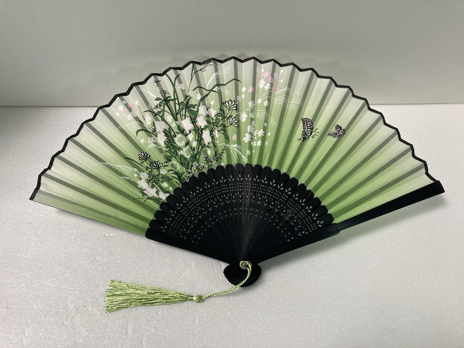 Japanese Folding Hand Fan Sensu Green Floral Butterfly Bamboo New