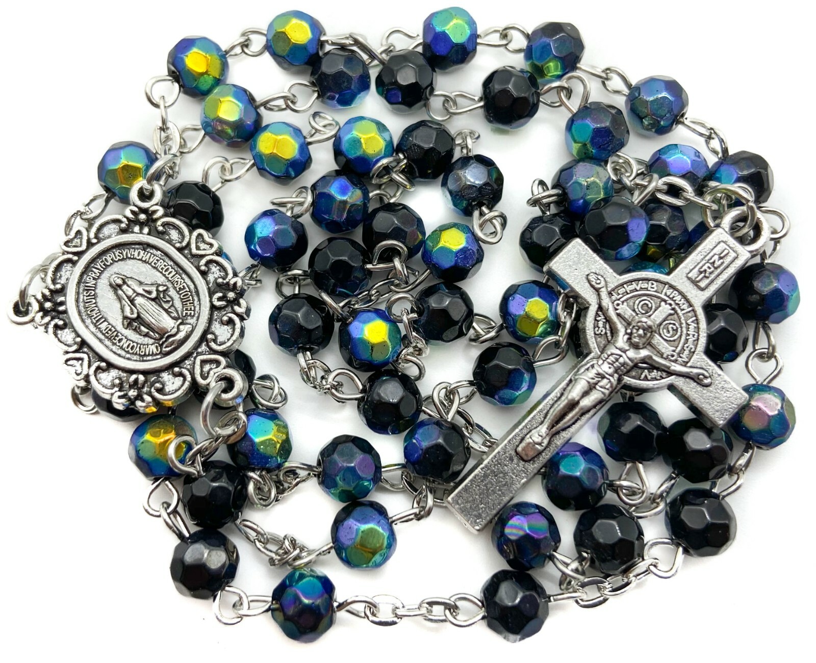 ST Benedict Rosary Necklace Multi Colored Black Blue Beads Miraculous Medal