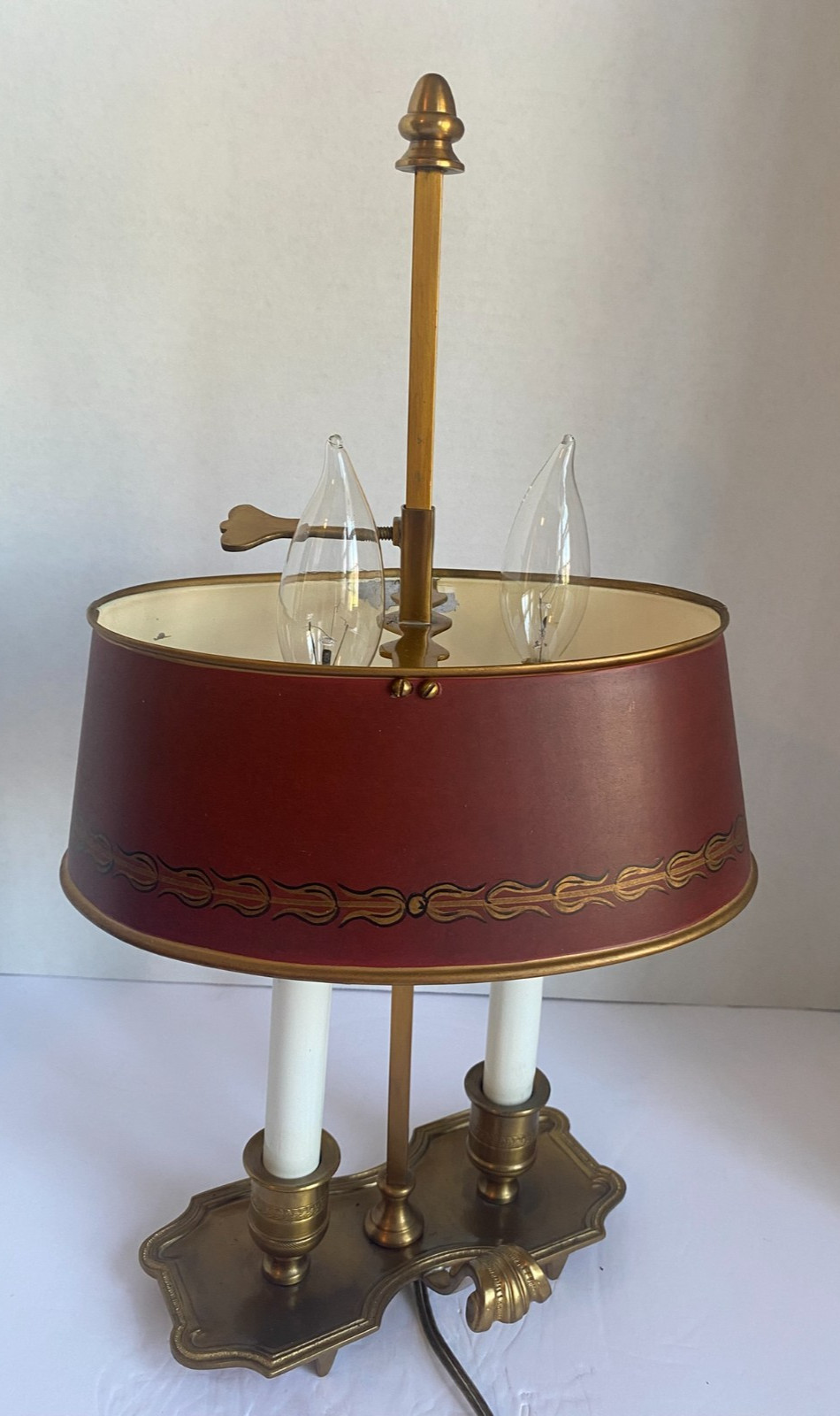 Vintage Italian Brass Bouillotte Tole Table Lamp Adjustable Burgundy Shade 16.5″