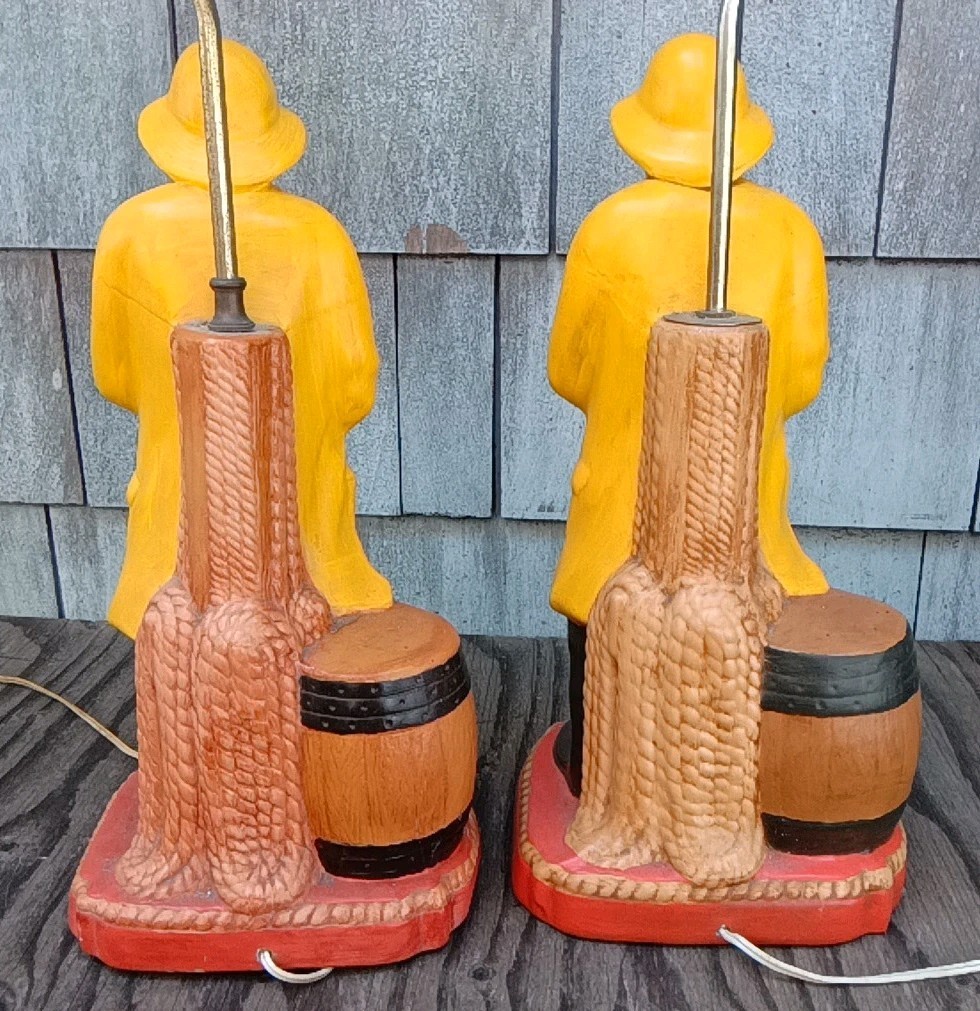 TWO VTG V. RARE MATCHING CHALKWARE Sailors, Longshoreman, Dock Worker 30″ LAMPS