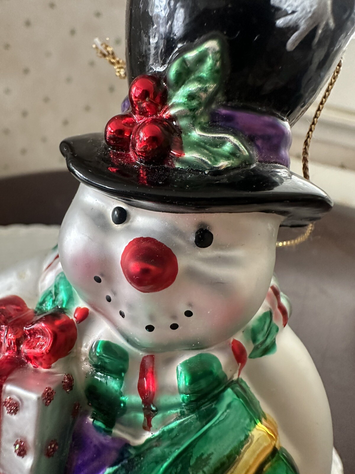 Blown Glass Snowman Bearing Gifts Christmas Ornament 5” North Pole Trading Co
