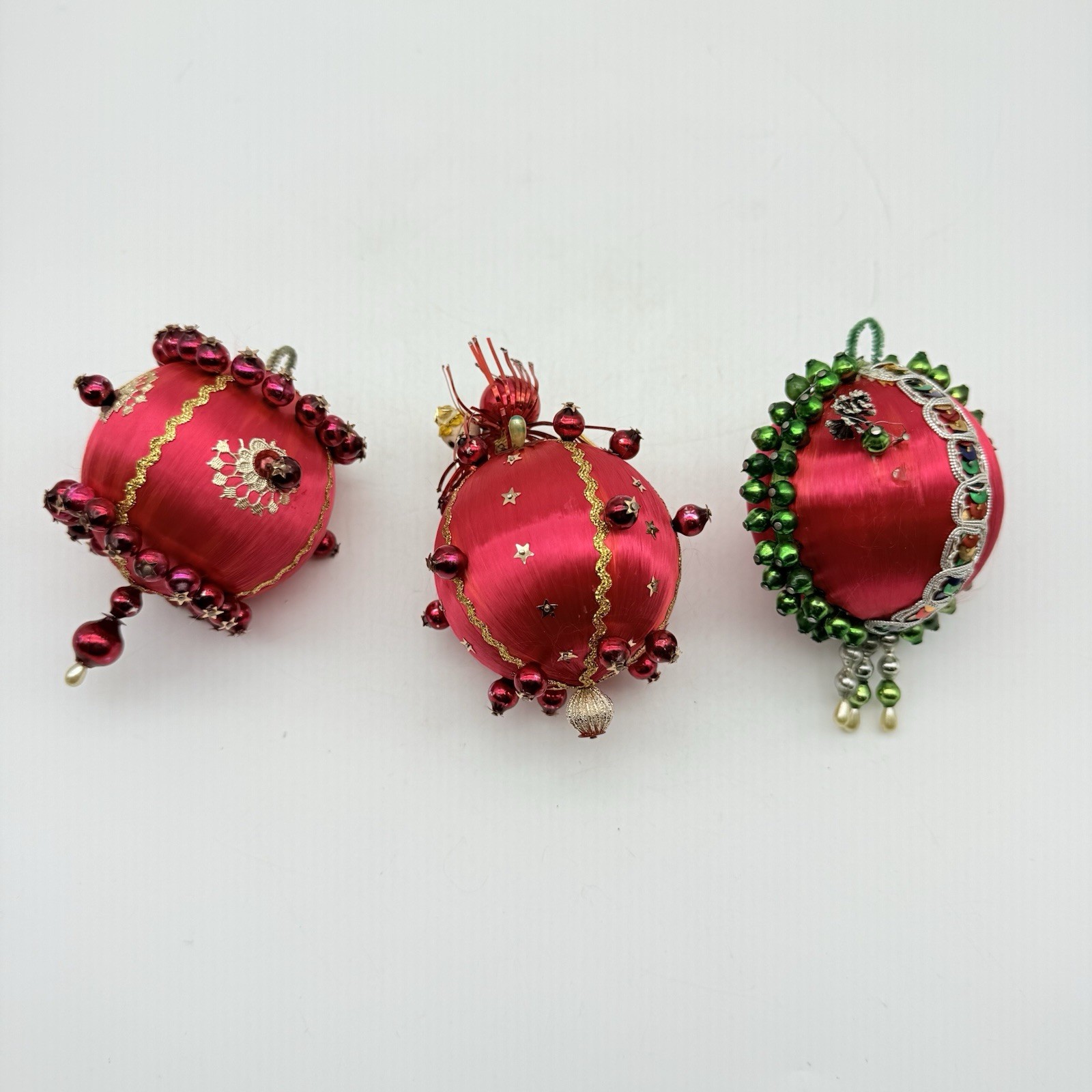 Vintage Red Handmade Push Pin Ornaments Set 3 READ