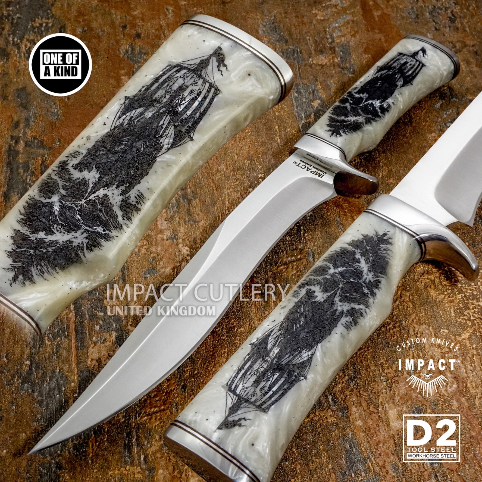 Model # 7794 Impact Cutlery Custom Hand Made Bowie Knife Engraved Pearl Resin D2