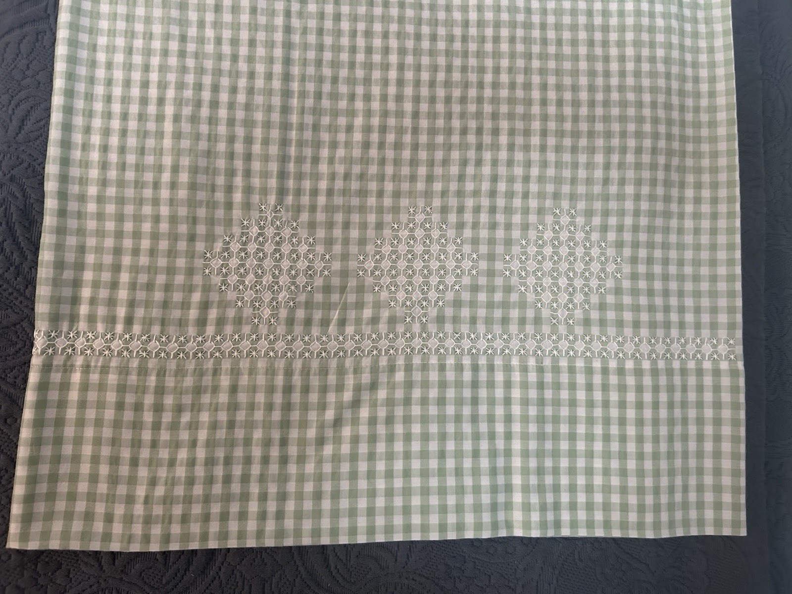 Single Pillowcase Sage Gingham Hand Embroidered Polyester/Cotton Blend NWOT