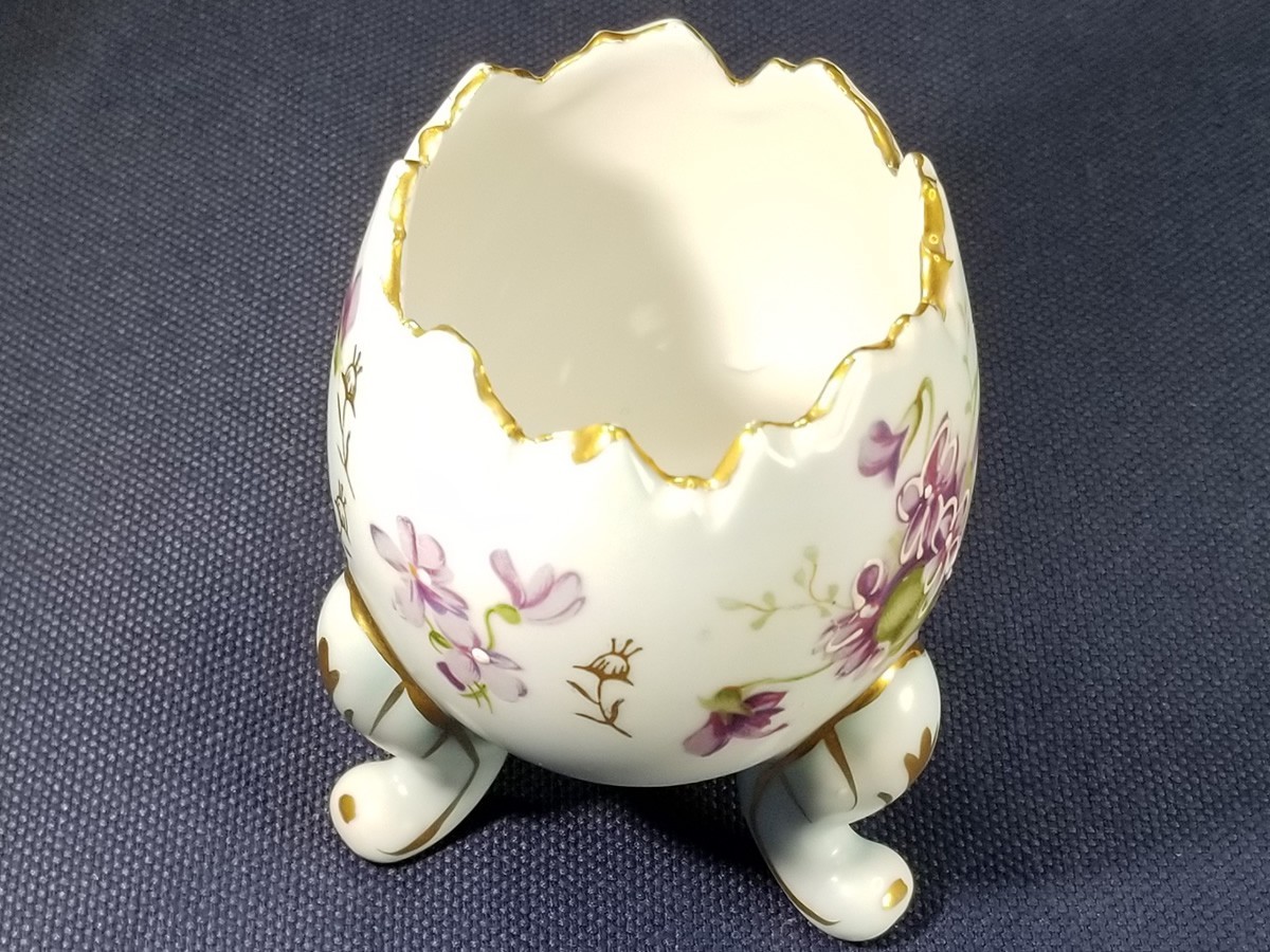 Vintage 3 Footed Cracked Egg 4” Vase Trinket Dish Hand Painted Floral