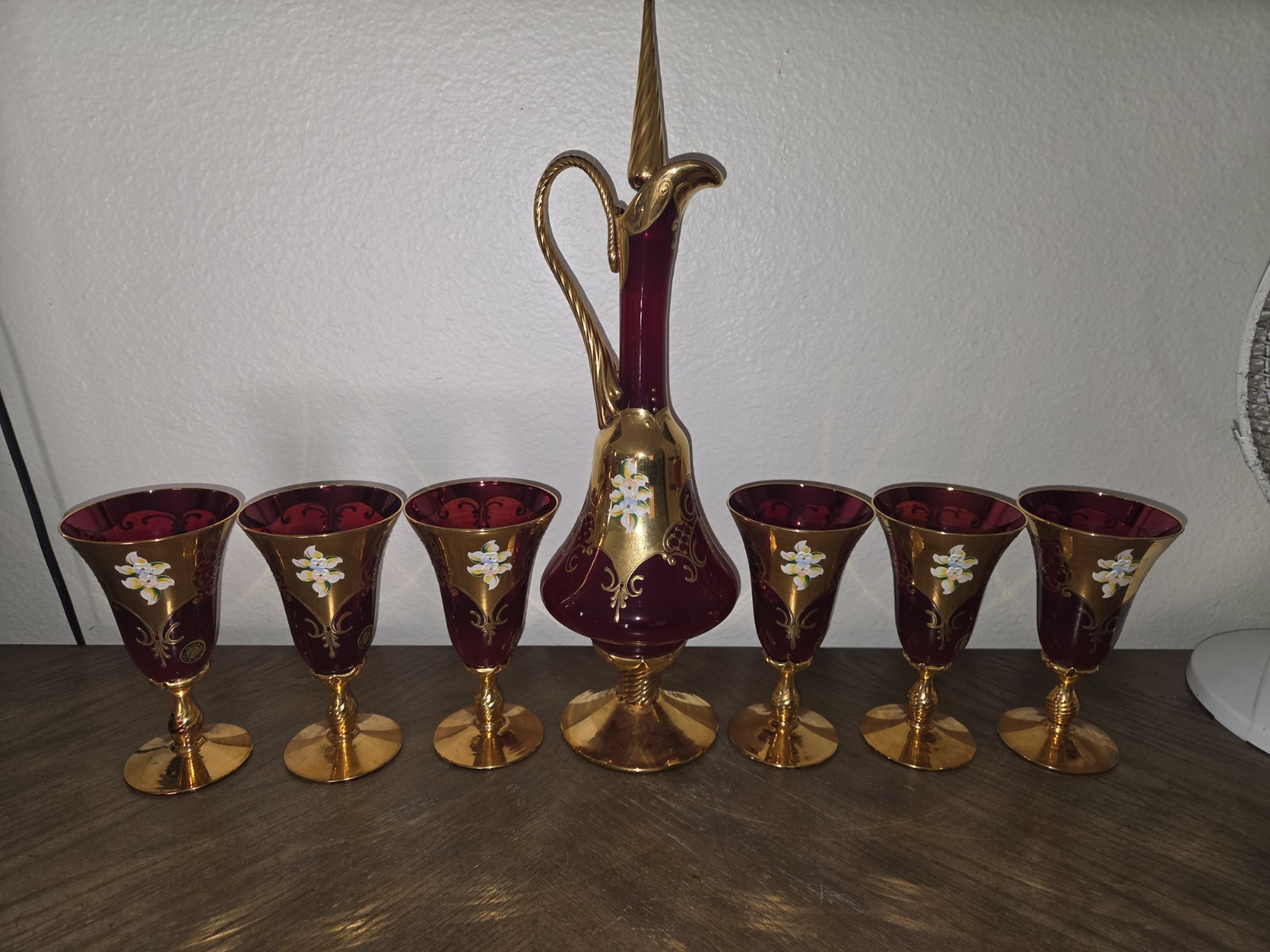 Genuine Murano Tre Fuochi 6 Glasses and Pitcher Set. Hand Painted over 24K Gold