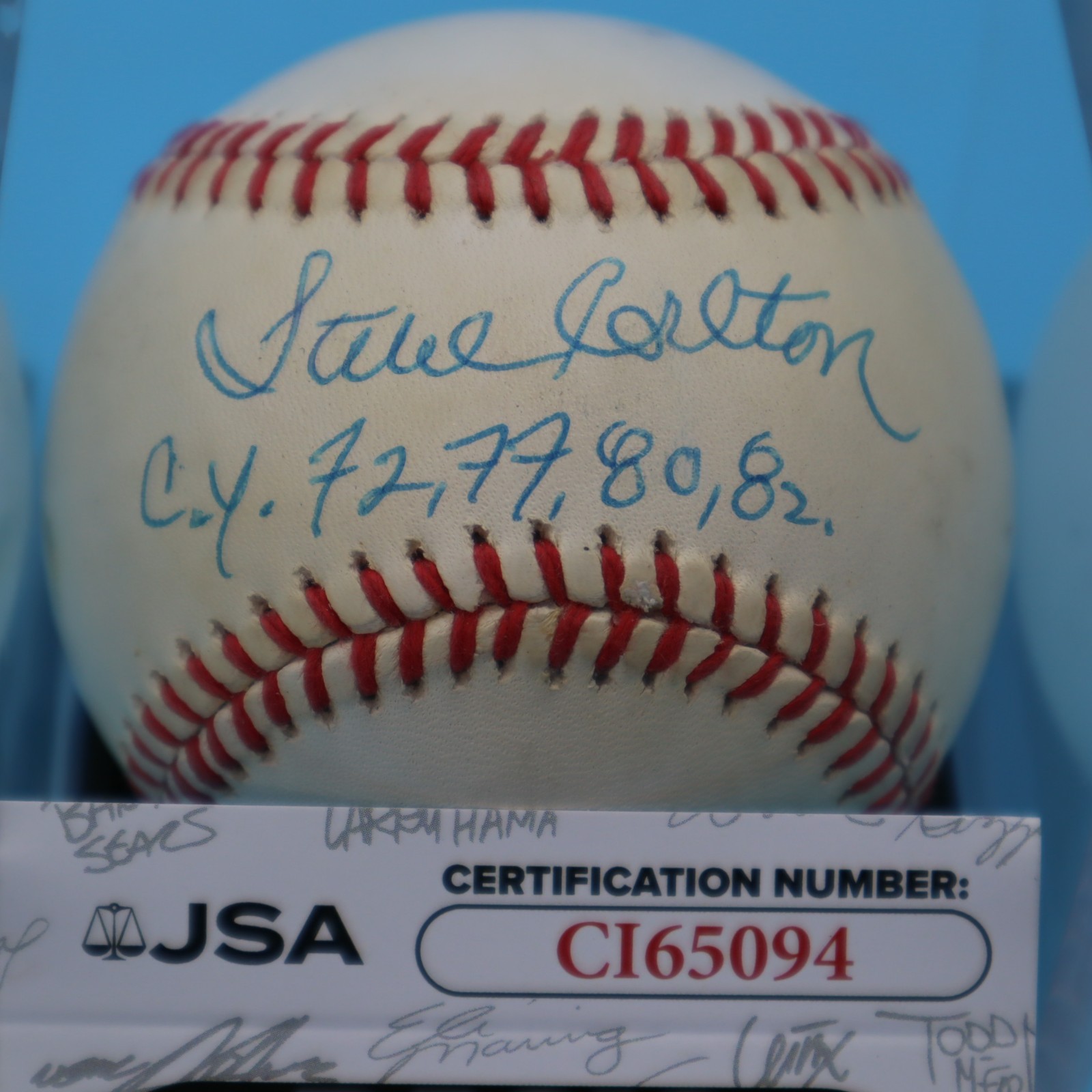 STEVE CARLTON CY YEARS 72 77 80 82 Signed RAWLINGS Baseball JSA COA ci65094 HOF