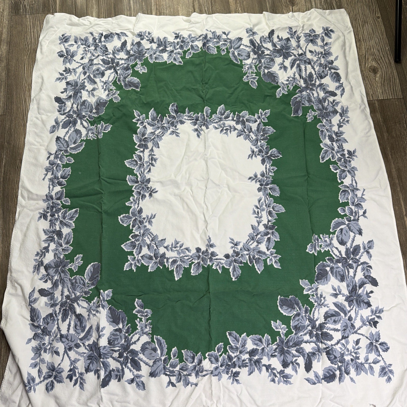 Vintage Cutter Tablecloth 1950s Blue Gray Green Floral Cotton 43×48
