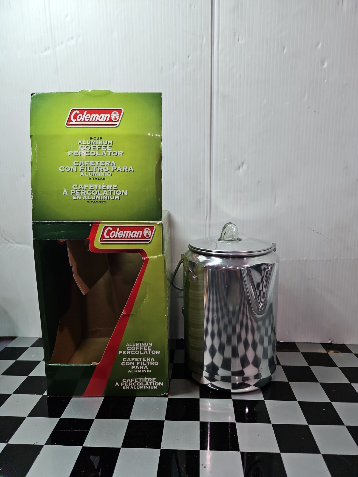 VINTAGE COLEMAN 9-CUP ALUMINUM CAMPING COFFEE PERCOLATOR W/ORIGINAL BOX COMPLETE