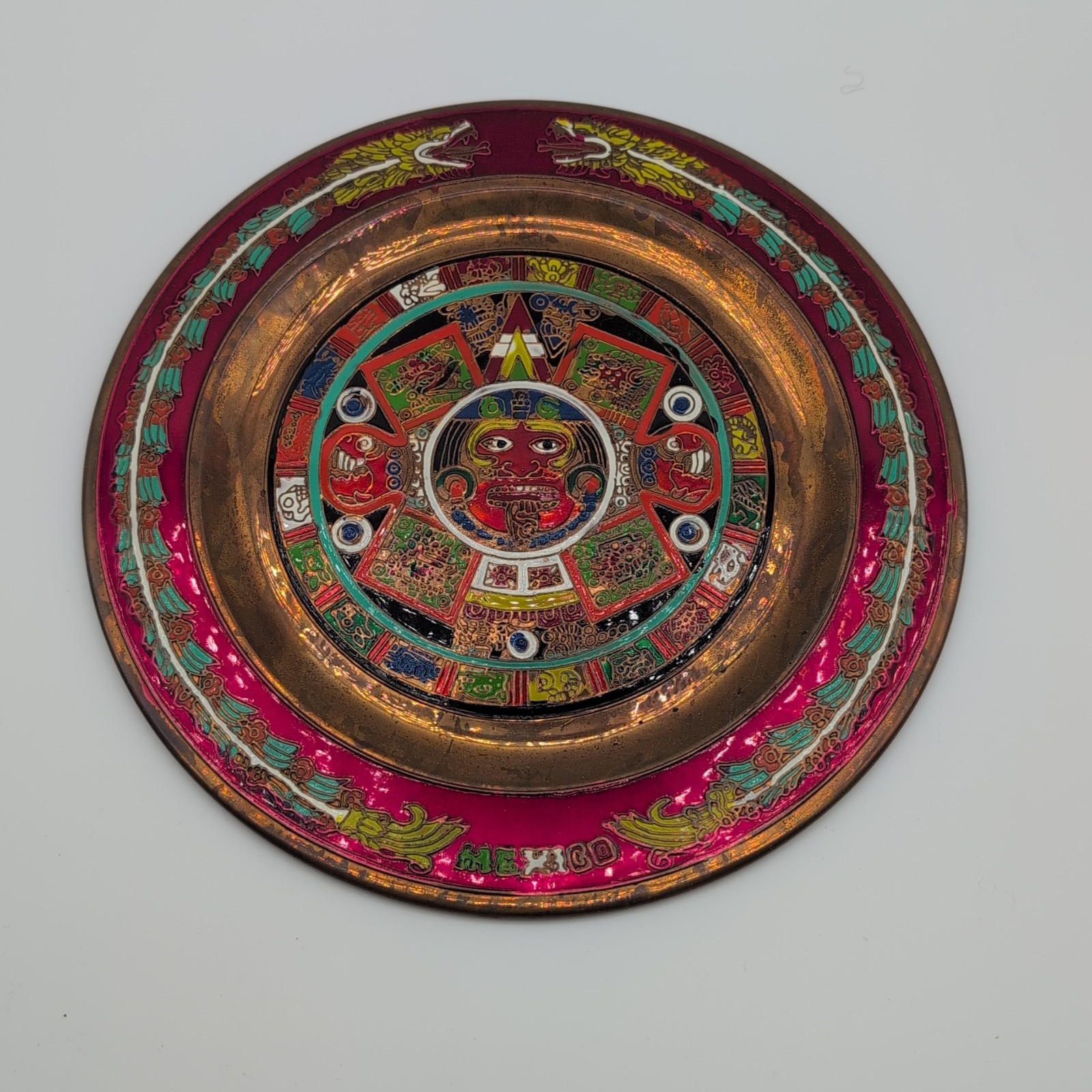 Vintage Solid Copper Enamel Aztec Calendar Wall Plaque Plate 8” Mexico