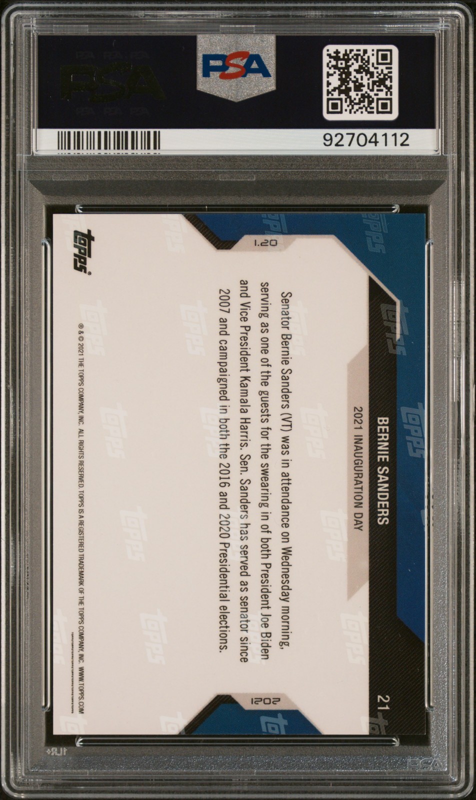 2020 TOPPS NOW ELECTION BLUE #21 BERNIE SANDERS 32/46 PSA 10