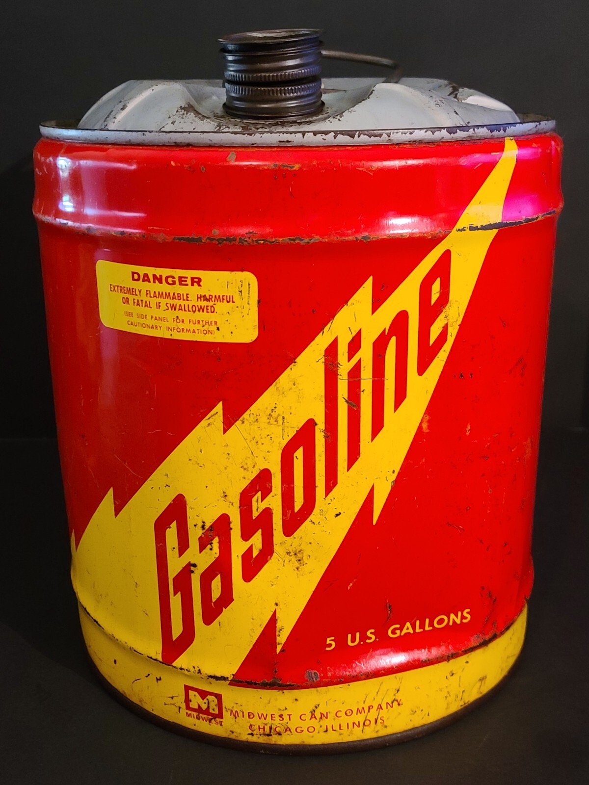 Vintage STEEL Round Metal 5 Gallon Gas Can Gasoline Midwest Can Company Retro