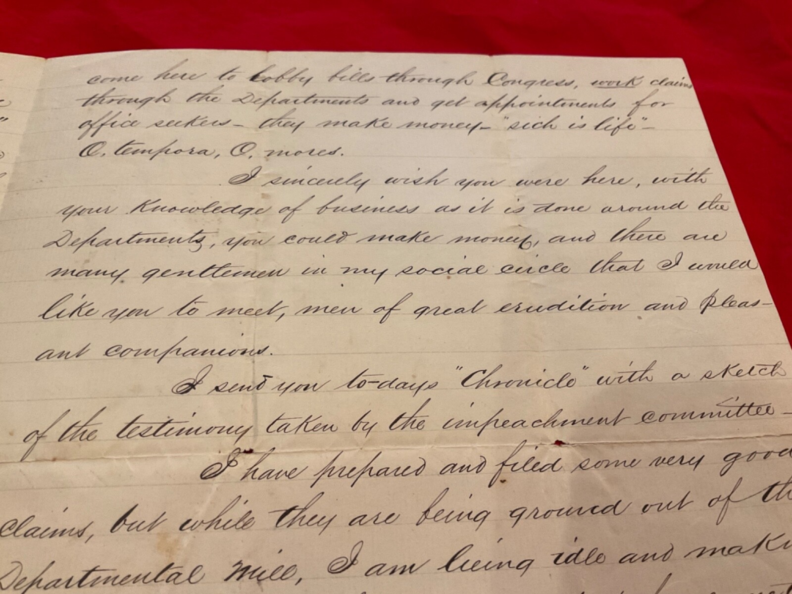 ANDREW JOHNSON DEPRAVITY & CORRUPTION LETTER WASHINGTON MOST CORRUPT TOWN