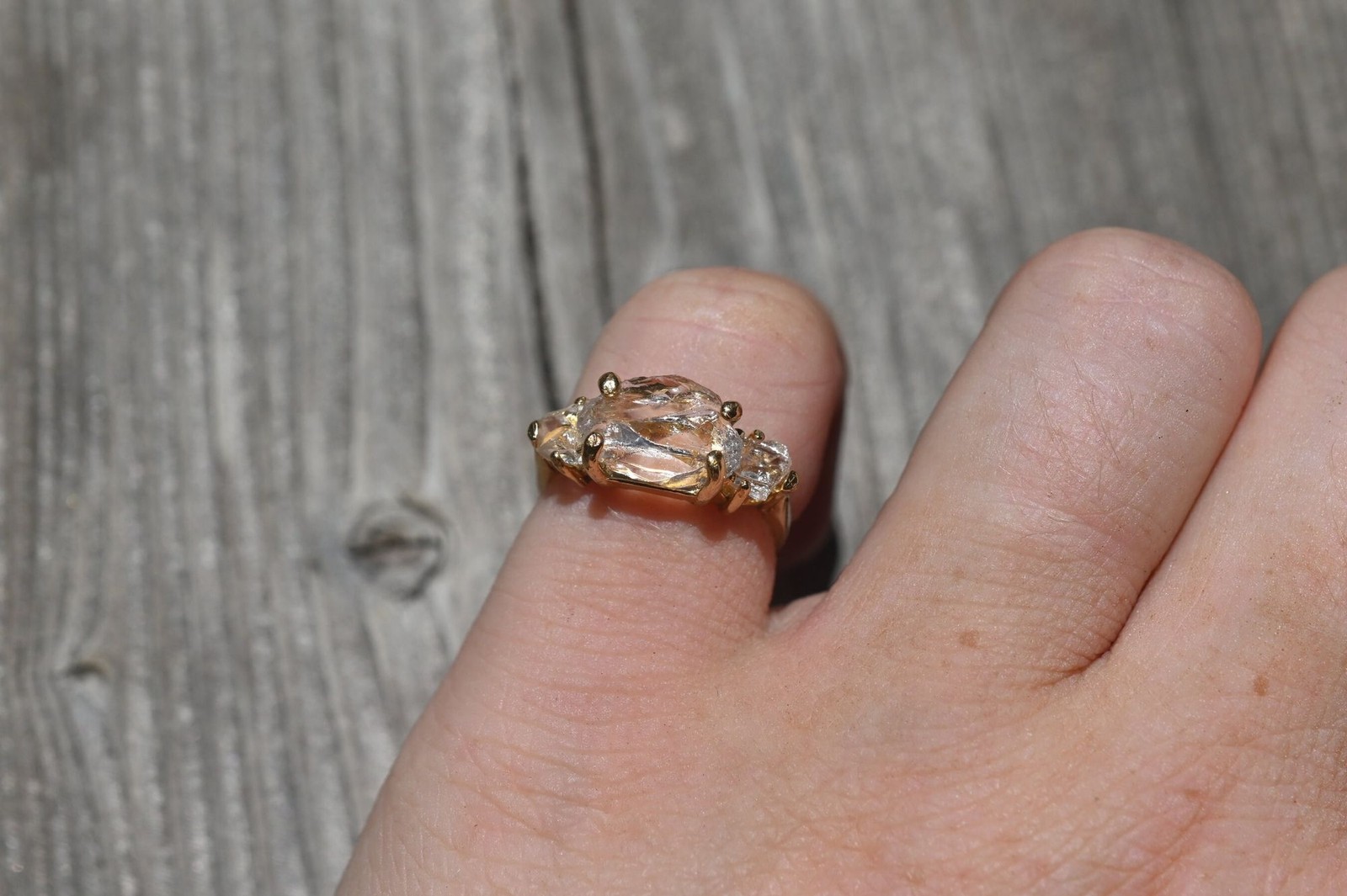 Size 5 Gold Engagement Ring, 14k Solid Gold, Three Stone Wedding Ring Rough Diam