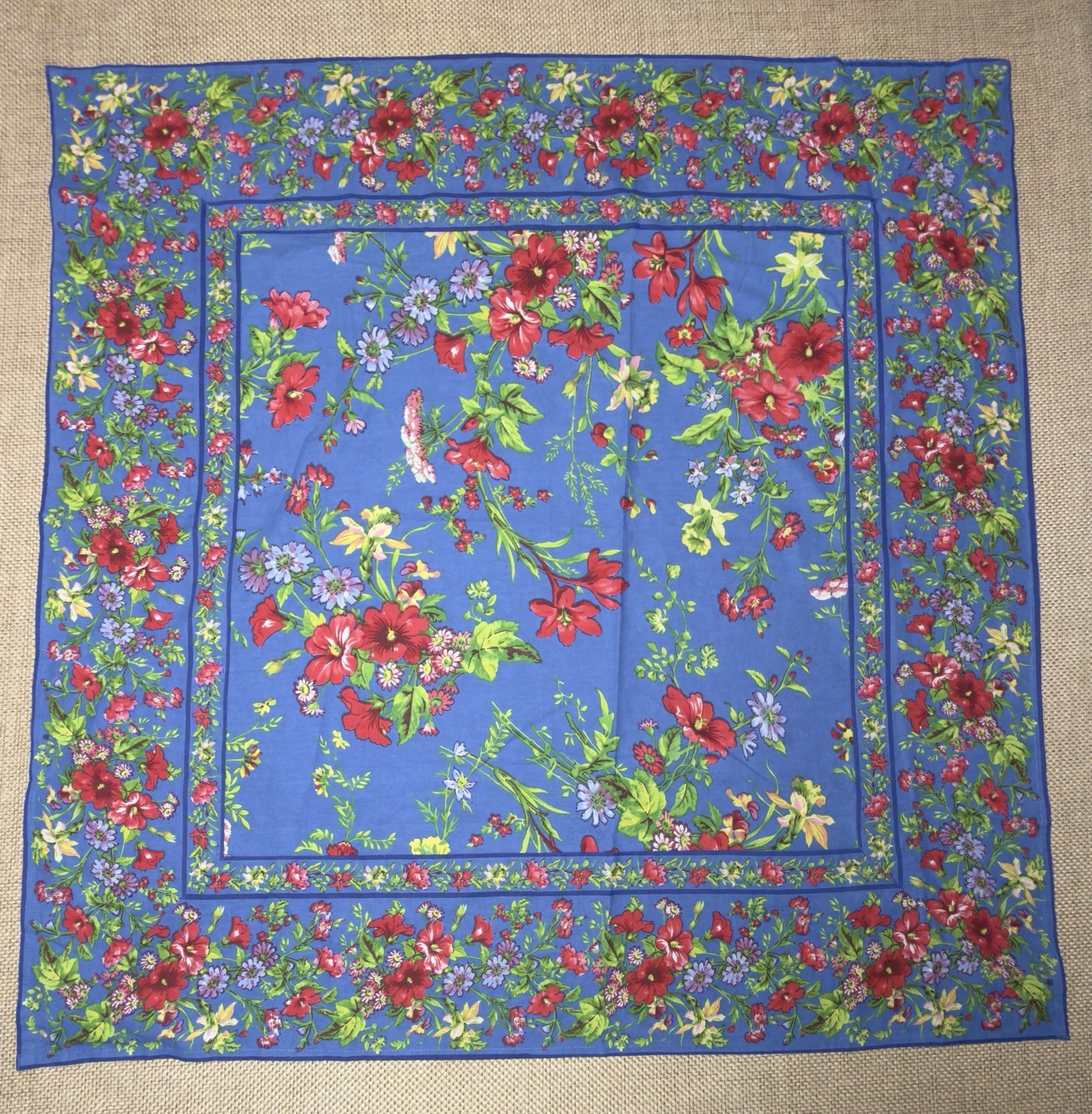 April Cornell Graceful Garden Tablecloth Blue Floral Cloth Square 36×36 Cottage