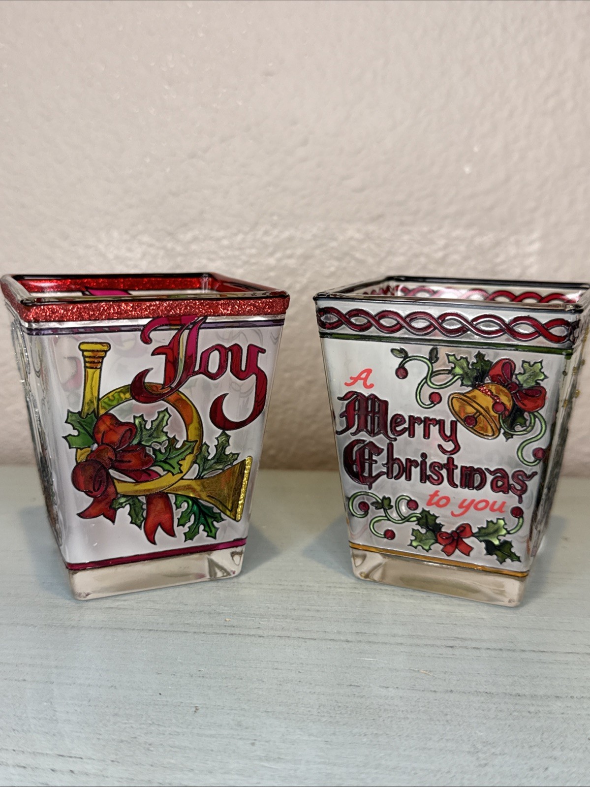 2 New AMIA Denver Votive Candle Holders “Stained Glass” Joy Christmas Tree Horn