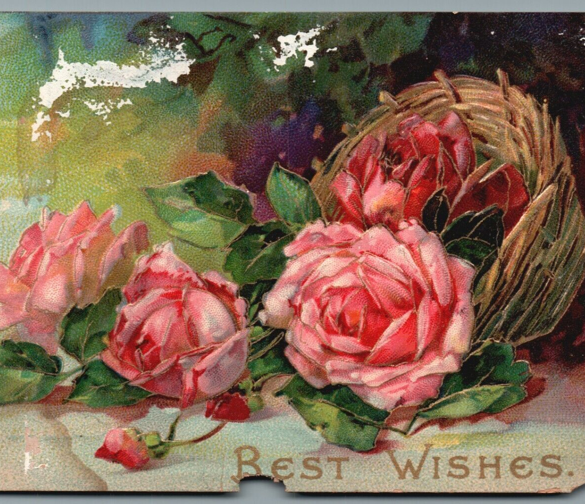 Best Wishes VTG Postcard Roses Damage see photos -pb114