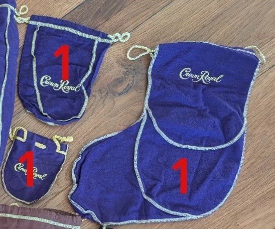 3 Assorted Crown Royal Purple Drawstring Bags – stocking, mini, and small