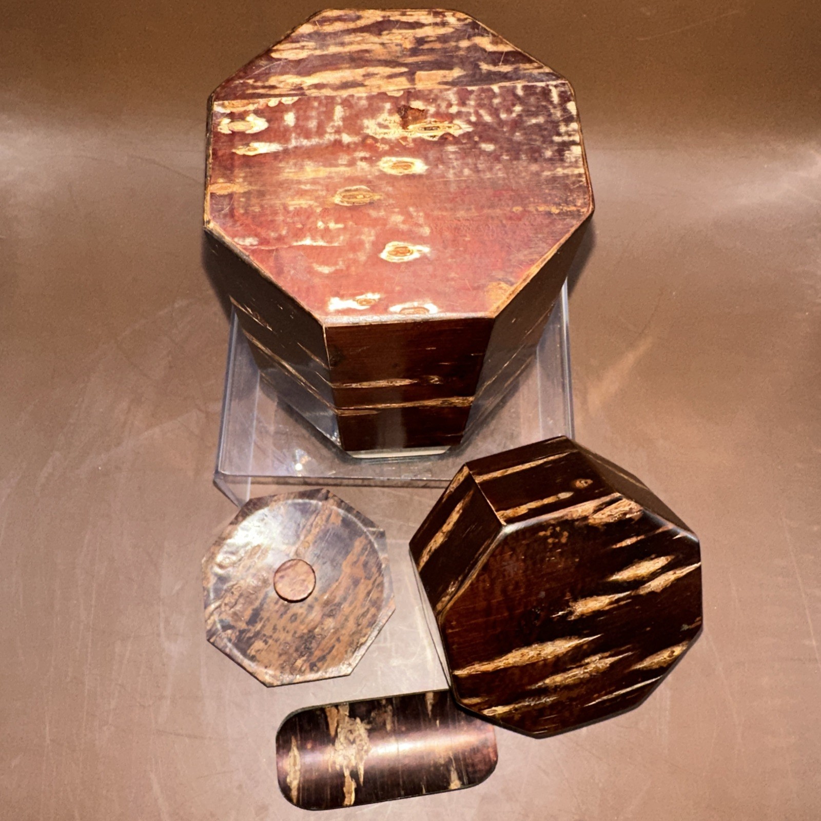 CHERRY TREE BARK OCTAGON TEA CADDY WITH MATCHING SCOOP