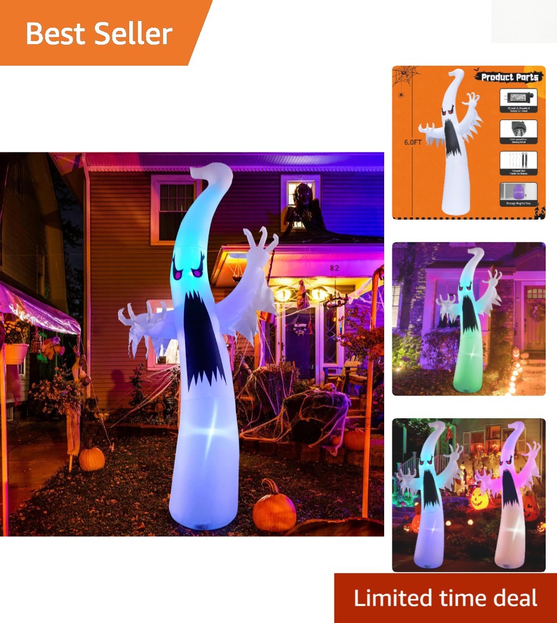 Spooky 6 FT Halloween Ghost Inflatable – Vibrant LED Yard Decoration for Parties
