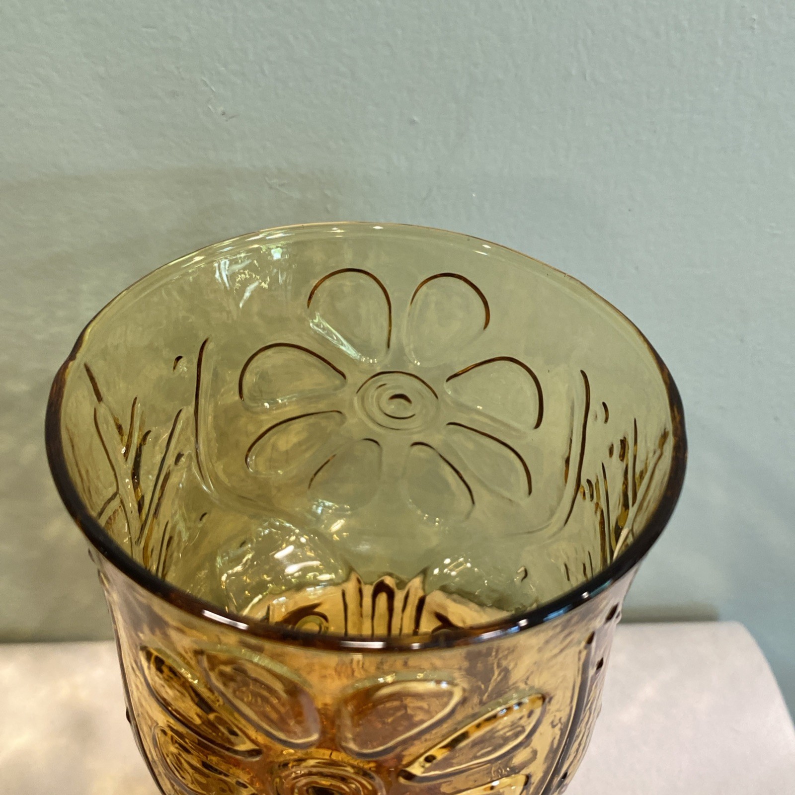 Vintage Libbey Daisy Pattern 5” Amber Drinking Glass ‘Country Garden’ Set of 5
