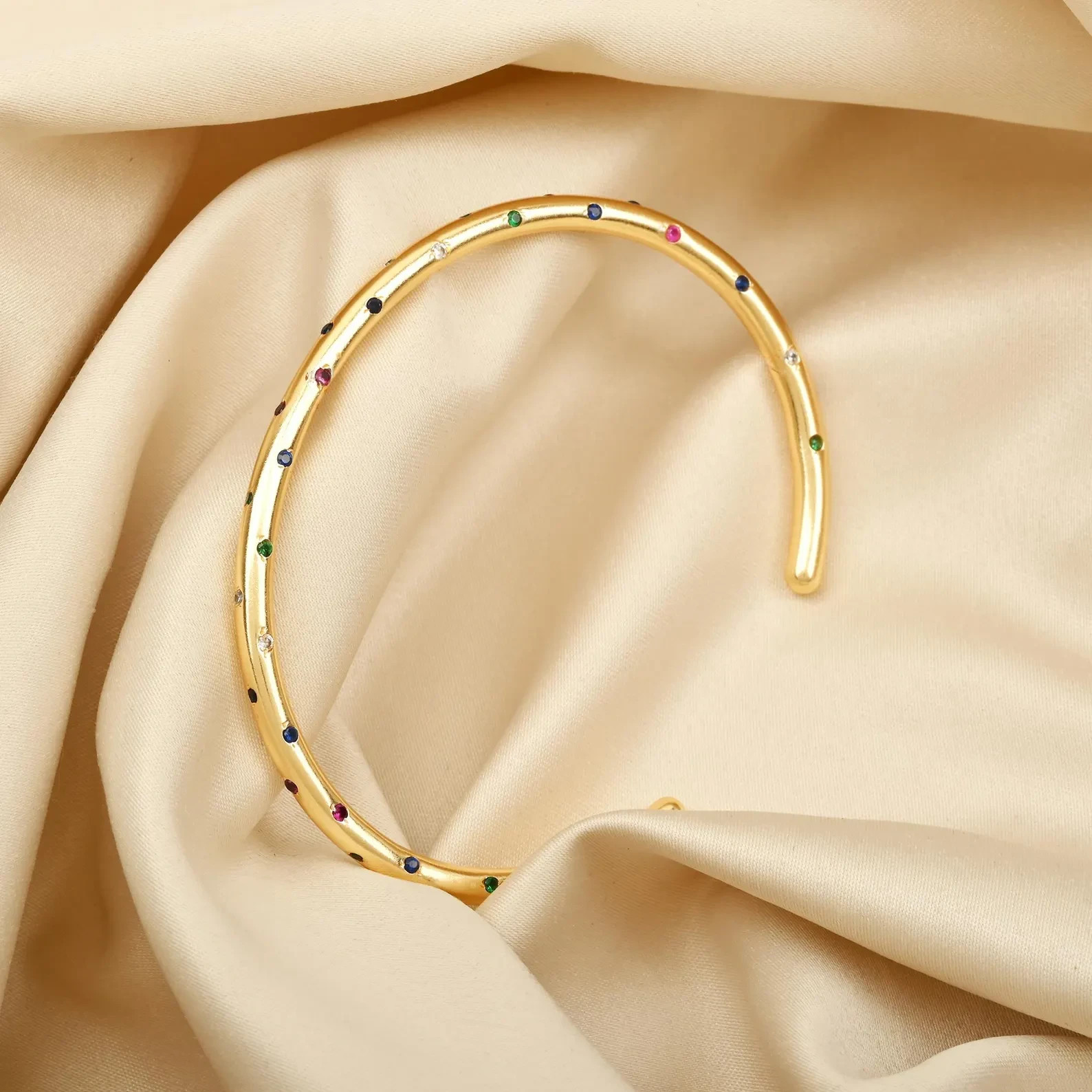 Multi-Gemstone Open Cuff Design Bangle Bracelet in 18K Yellow Gold Over 7.5″ Her