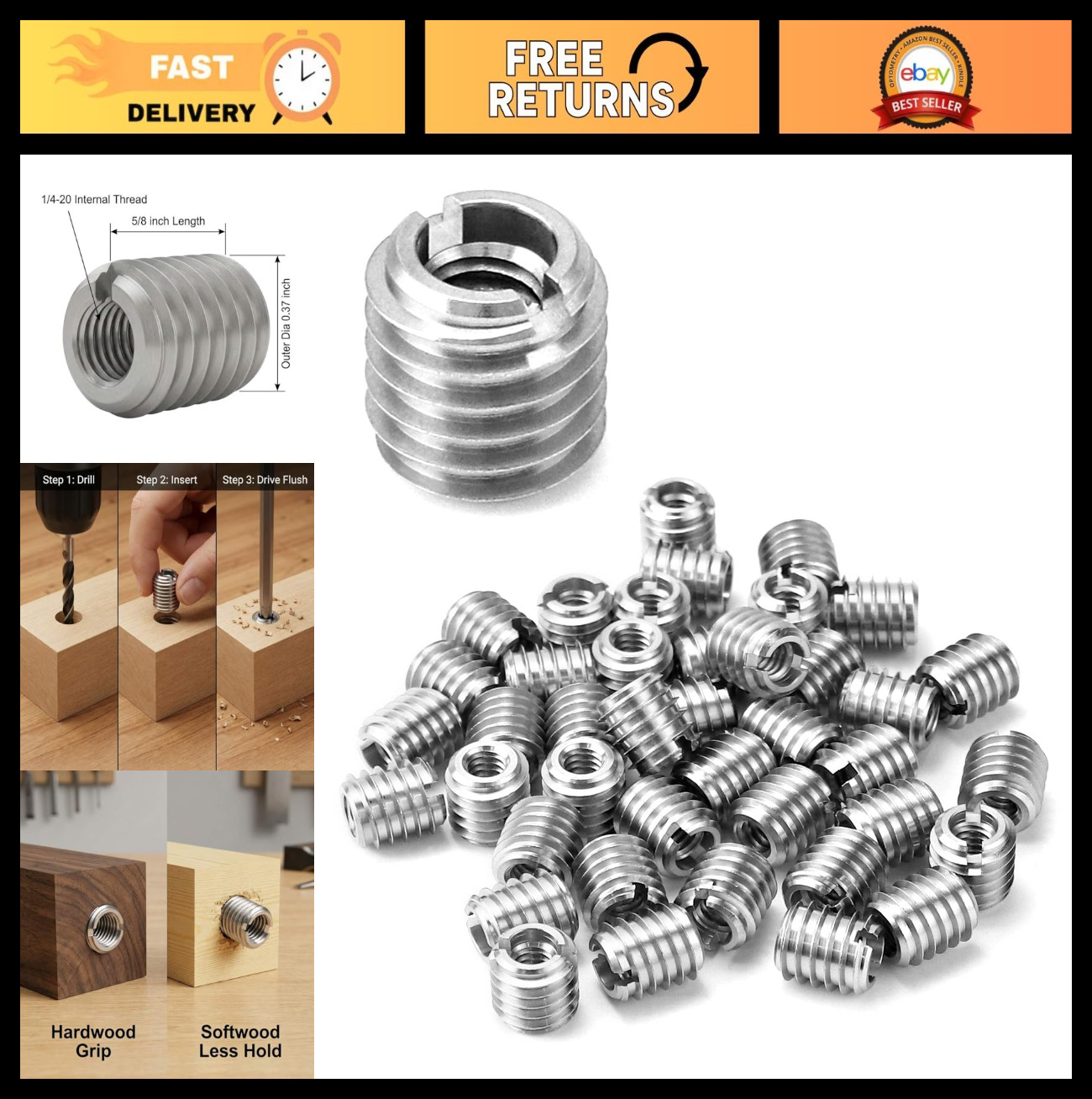 QWORK Stainless Steel Threaded Insert for Hard-Wood, 1/4-20 Internal Threads 50