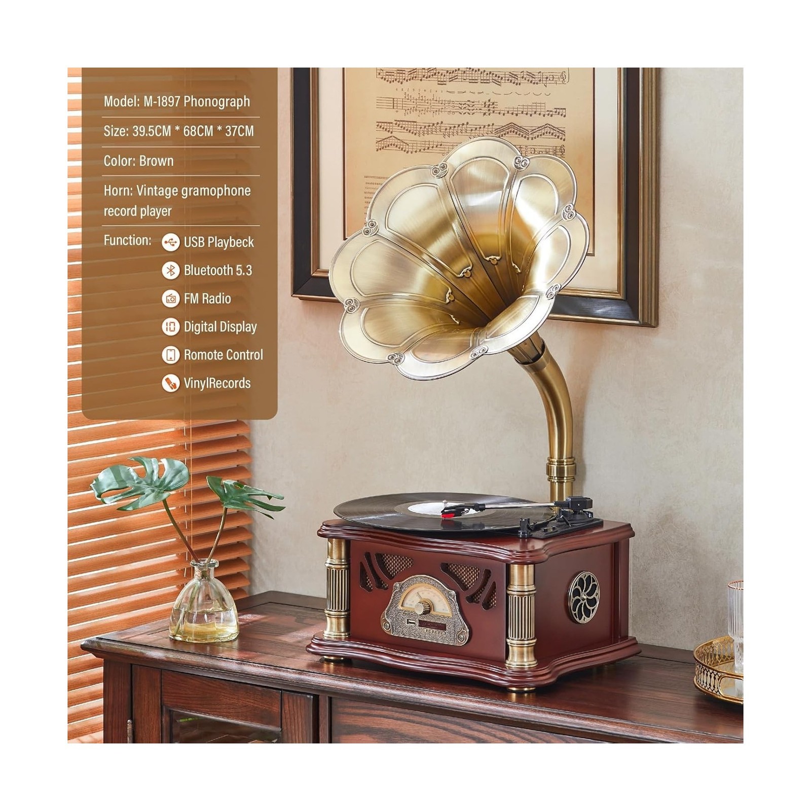 Vintage Gramophone with Bluetooth Output Vintage Record Players Retro Gramoph…