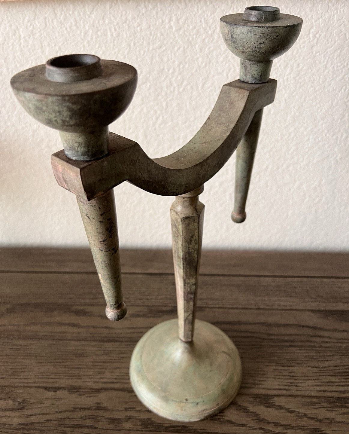 Vintage Brutalist Verdigris Metal Double Taper Candle Holder Candelabra 14″