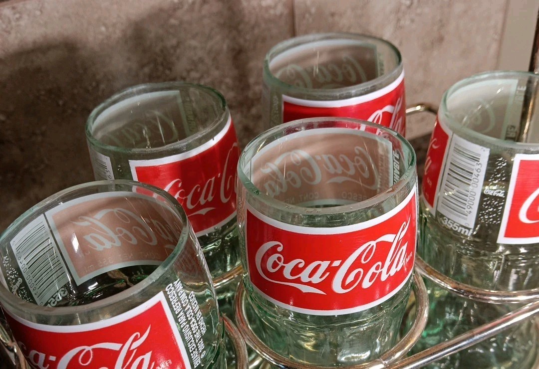 Unique Set 5 Handcrafted 6″ Coca-Cola Bottle Glasses in Silverplated Carrier