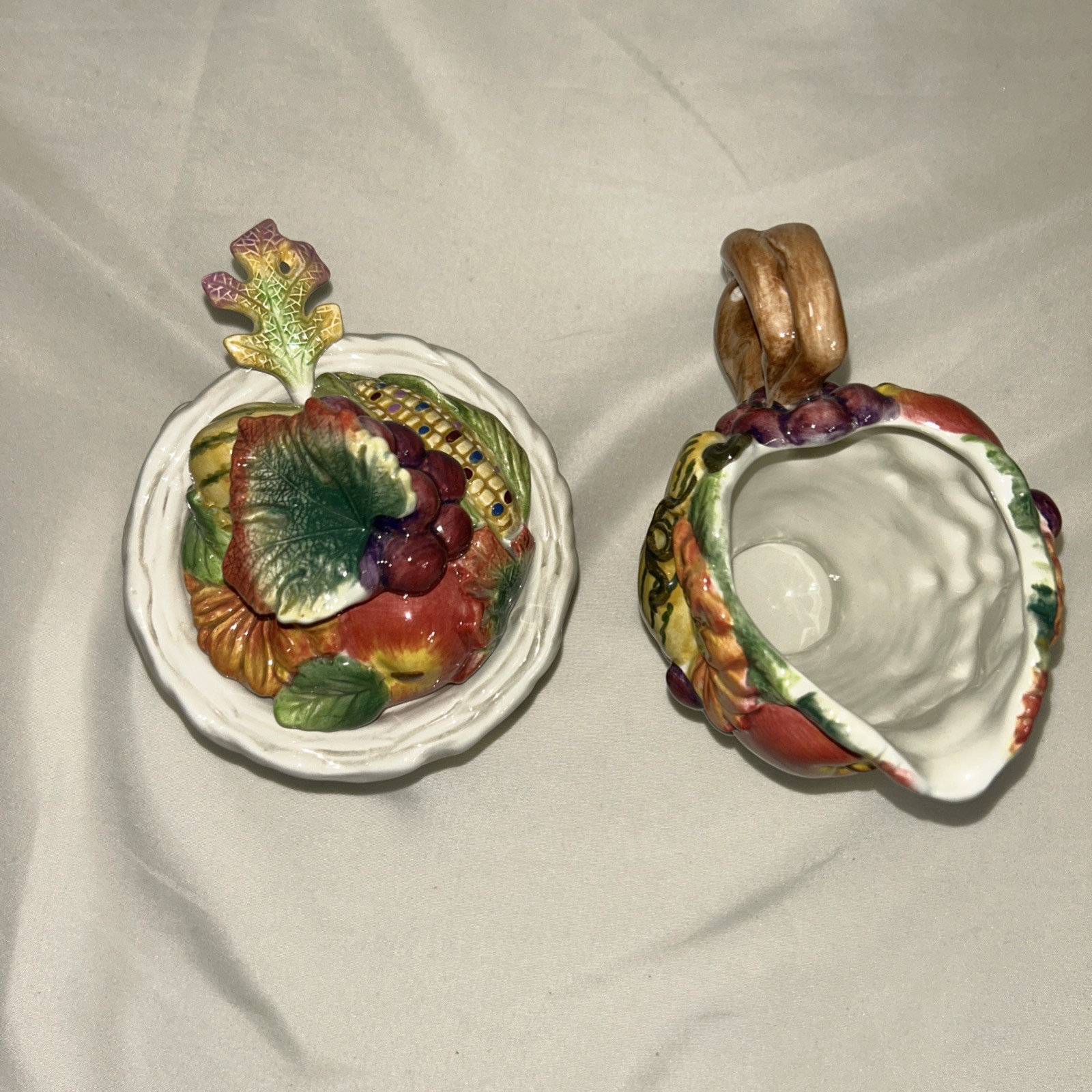 FITZ & FLOYD HARVEST HERITAGE CERAMIC CREAMER, SUGAR DISH WITH LID & SPOON