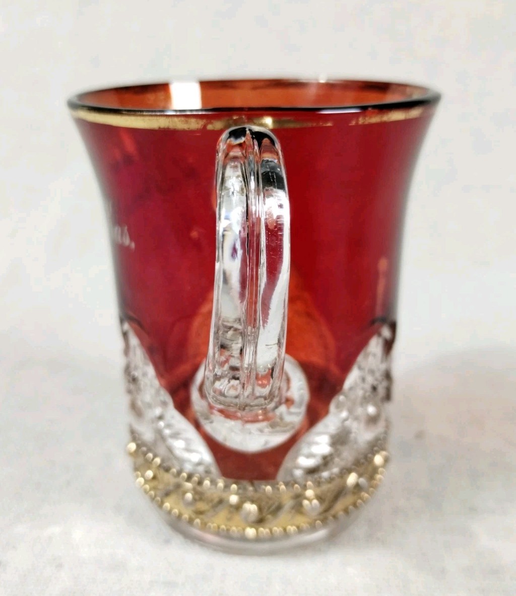 Antique Ruby Flash EAPG Pressed Glass Souvenir McPherson, Kansas Large Small Cup