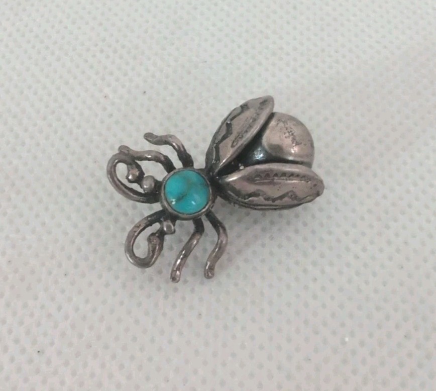 Vintage Navajo Indian Sterling Silver Turquoise 3d Lightning Bug PIN Brooch