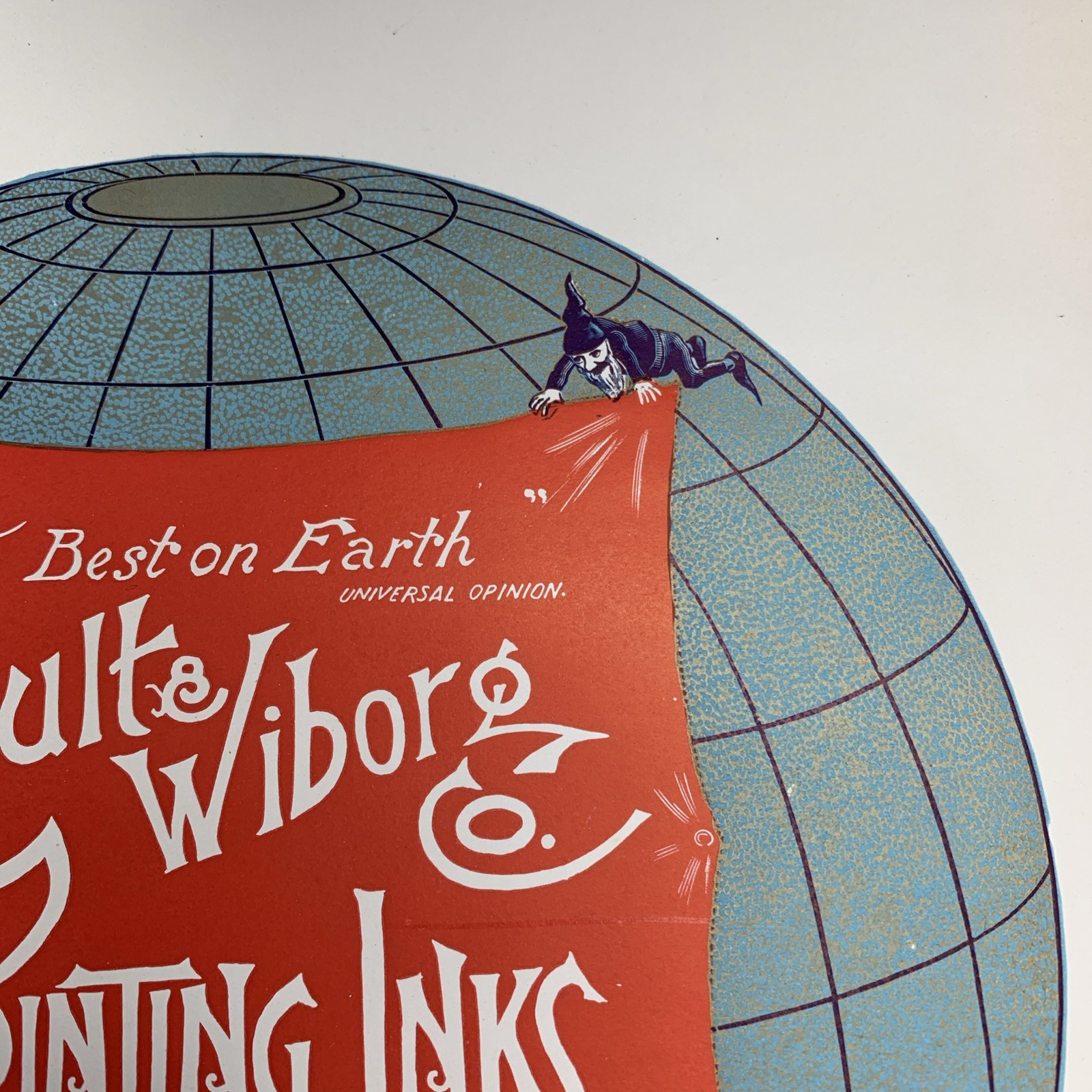 RARE Ault Wiborg Litho Printing INK Poster Sign Original Art Elves On Globe