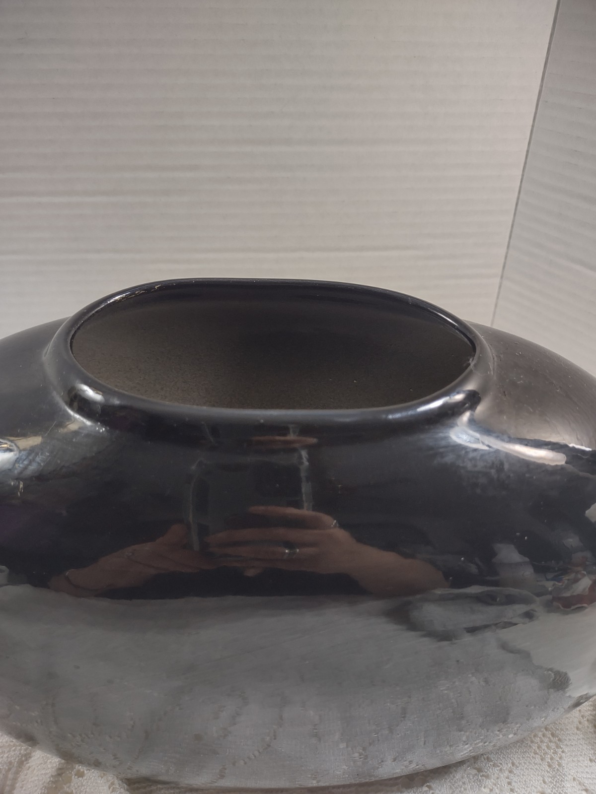 Vintage 80s Black Art Deco Ceramic Glass Oval Vase Large Contemporary Decor