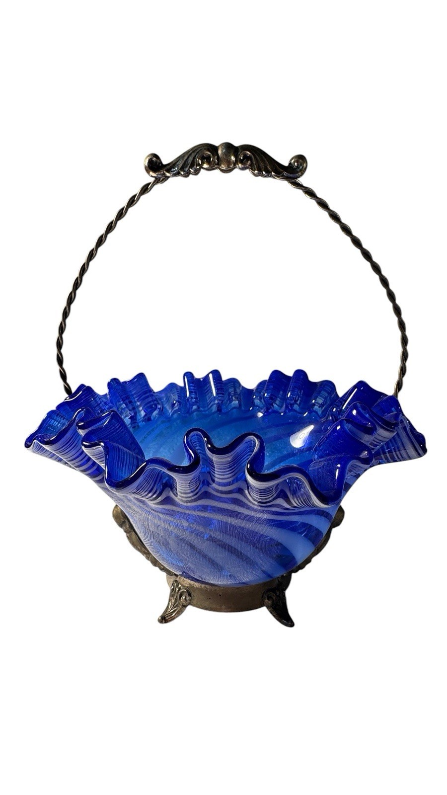 Victorian Cobalt Blue Swirl Glass Bridal Basket Silverplate Wedding Candy Dish