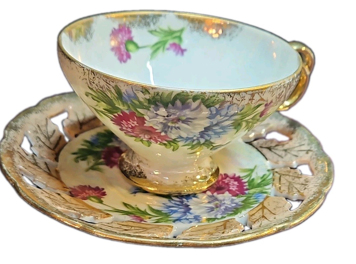 Enesco Style Porcelain Iridescent Lusterware W/Floral Design & Gold Trim