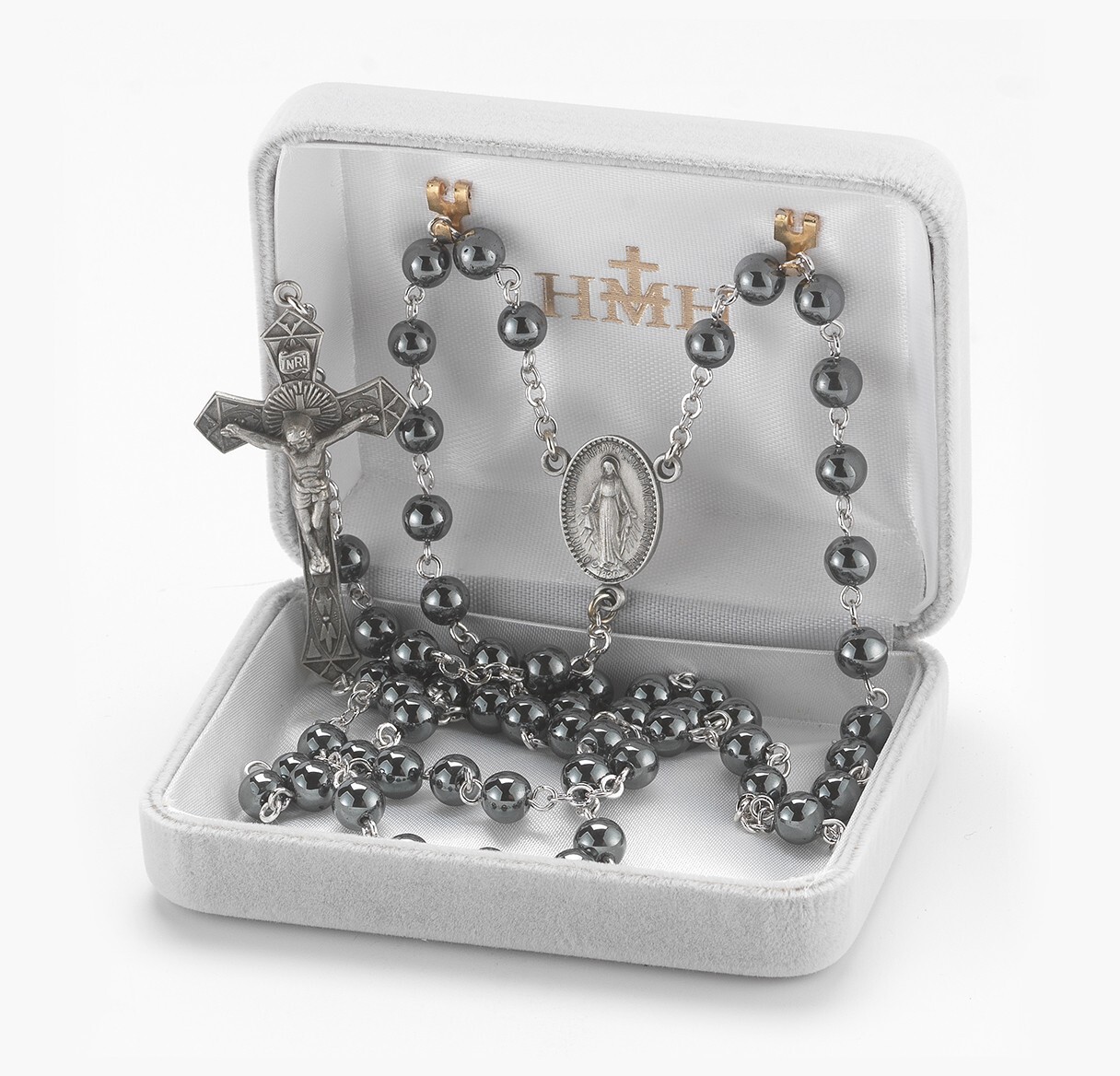 6mm Hematite Round Bead Rosary with Pewter, 24″, US Made, Gift Box